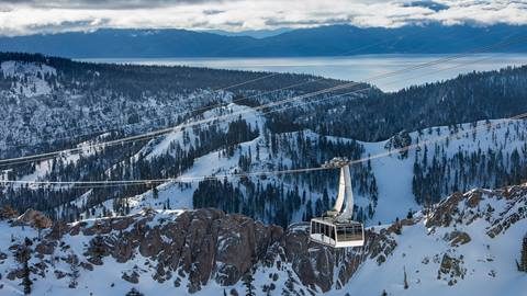 Palisades Tahoe aerial tram with Lake Tahoe behind